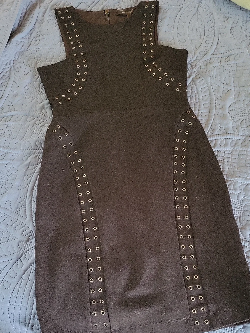 BCBGMAXAZRIA Black Silver Eyelet Trim Sleeveless Sexy Sheath Dress - Picture 5 of 8